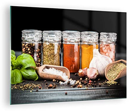 Quadro su Vetro Spezie Aglio Legno sale Stampe da Parete in Vetro 70x50cm Quadri Moderni Soggiorno Camera da Letto Cucina 1 pezzo Piccoli Decorazione Murale Wall Art Grafica Immagini GAA70x50-2896