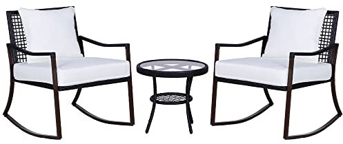 Outsunny Rattan Schaukelstuhl Set 3 TLG. Gartenmöbel mit Beistelltisch Schaukelstühlen Kissen Polsterauflage Balkonmöbel-Set für 2 Personen Sitzgruppe Outdoor Gartengarnitur für Garten Balkon Braun