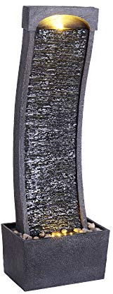 Teamson Home 38.58 in. Modern Curved Faux Slate Waterfall Fountain for Indoors or Outdoors with LED Light Accents and 1.98-Gallon Pump, Black and Stone Gray