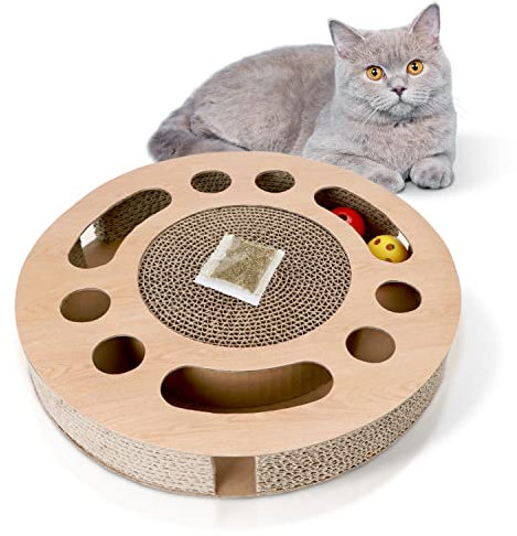 Nobleza Katzen kratzbrett mit Minze，Katzenspielzeug Interaktives mit 2 Klingelballs，3 in 1 Wellpappe Kratzmatte Katze