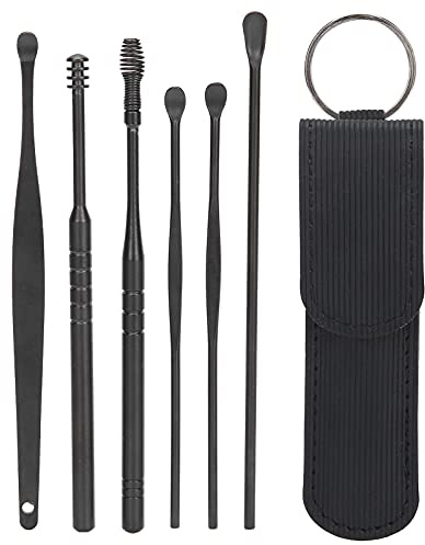 6st Ear Pick Sked Earwax Removal Tool Kit, med Bärbar Förvaringslåda Rostfritt Stål Spiral Ear Wax Cleaner Set (svart)