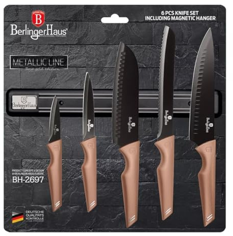 Berlinger hus 6 delar, knivset med magnethållare, rostfritt stål kökskniv med non-stick beläggning och mjuka touch-handtag, roséguld metallisk linje
