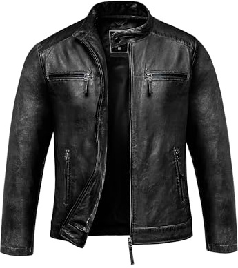 Amaci&Sons Herren Echtleder Jacke Biker Zipper Lederjacke 9108 Schwarz XL