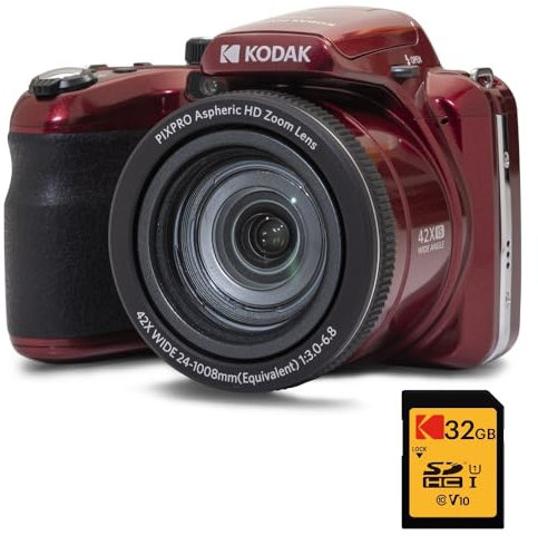 KODAK Digital Bridge Pack Pixpro Astro Zoom AZ425 + 32GB SDHC Card – 20MP Camera, 42X Zoom, Wide Angle, 3 LCD Screen, Full HD 1080p Video, Li-ion Battery – Red
