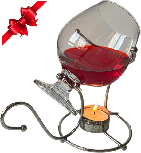Brandy Warmer Stand Gift Set with Glass Brandy Cognac Snifter Silver Metal with Tea Light Brandy Heater Bar Pubs Restaurant (Brandy Warmer Set-1)