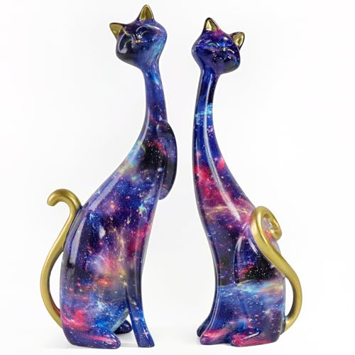 masteymoh Zwei Ölgemälde Kunst Harz Verliebte Katzen Skulpturen, Statue Katzen für Home Office Bücherregal Desktop Dekoration 28 cm hoch, Skulpturen Katzen, Katzenstatue (Strarry Sky in Dreamland)