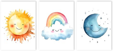 Uixxducc 3er Set Wandbilder Kinderzimmer Babyzimmer Poster, Regenbogen Sonne Mond, Bilder Mädchen Jungen Boho Deko Dekoration (30x40cm)