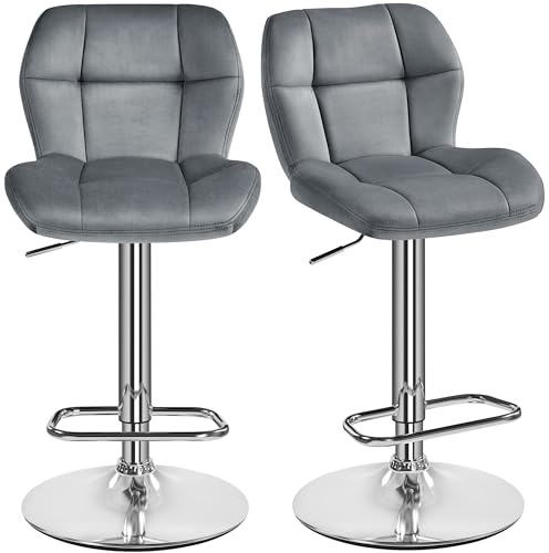 Yaheetech Barstools Set of 2, Velvet Adjustable Counter Stools, Modern Breakfast Bar Stools, Swivel Barstools with Backrest for Home Kitchen, Bar, Restaurant, Dark Grey