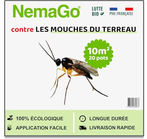 Nemago - Nematodes Mouches Terreau SF (5 Millions) - Traitement Biologique Moucherons Interieur - 20 Plantes - 10m² - Efficace sur Larves et Pupes - Sécurité Humaine et Animale - Utilisation Facile