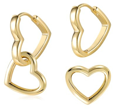 ALEXCRAFT Pendientes Colgantes Mujer Oro 14K Doble Corazón Brillante Calado