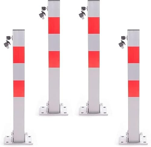 RMAN 4 × Parkpfosten Klappbar 60cm Parkplatzsperre Absperrpfosten Reflexstreifen Robust mit 5 Schlüssel Parkplatz Sperre Stabil ignalstreifen, Silber-Grau-Rot