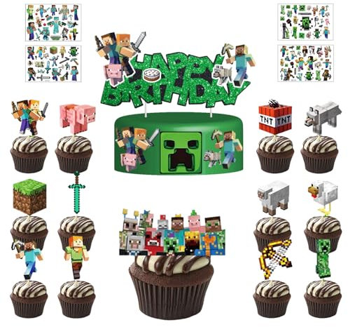 26 Stück Tortendekoration Cake Topper Set + 4 Blätter Temporäre Tattoos für Kinder, Kuchen Deko, Muffin Deko, Tortenaufleger Cupcake Topper Deko, Kindergeburtstag Party Geburtstag Deko