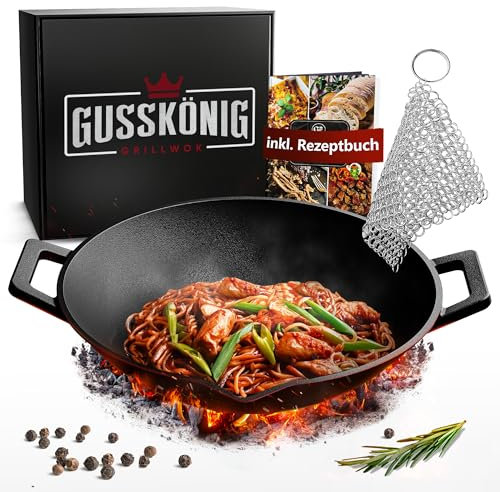 GUSSKÖNIG Gusseisen Wok Pfanne- 35 cm robuste Wokpfanne für Gasgrill, Herd, Ofen und Lagerfeuer- Gusseisen Wokpfanne inklusive Edelstahl Ringreiniger, Grillhandschuhe & Rezeptbuch - 30 Jahre Garantie