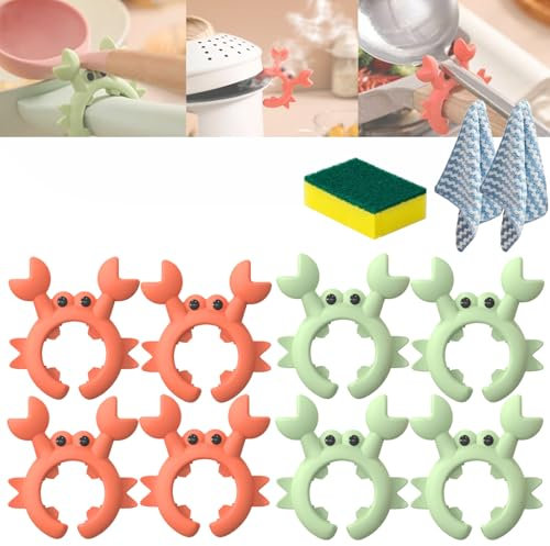 Krabbenspatelhalter, kreativer Spatelhalter in Krabbenform, Krabbenlöffelhalter, Krabbenspatelhalter aus Silikon, universeller Krabbenspatelhalter aus Silikon mit Überlaufschutzclip (8Pcs Mix)
