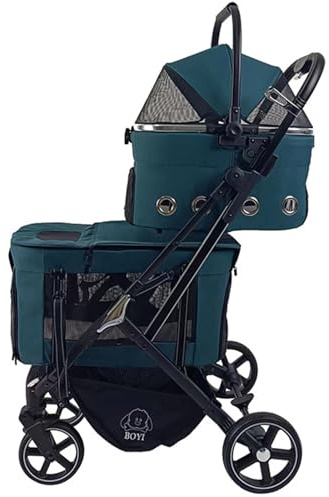 Doppelter Haustier-Buggy Für 2 Kleine Und Mittelgroße Katzen Und Hunde, Faltbarer Katzen-Buggy, Hunde-Buggy, Trolley, Jogger, Reise-Spazierwagen Mit Abnehmbaren Trägern, Aufbewahrungskorb,Blau
