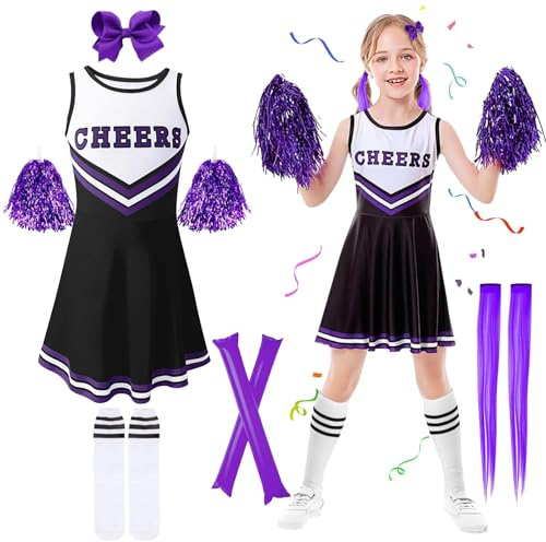 Kitimi Cheerleader-kostym, barn flickor, barnkostym, cheerleadering, outfit, skolbarn, flicka, uniform, klänning med pomsstrumpor, hårklämmor, cheer pinnar för karneval, fest, utklädnad, cosplay