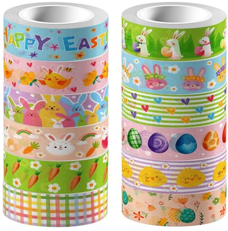 Fyfjur 12 Rotoli Washi Tape Pasqua, Nastro Adesivo Decorativo Autoadesiva, Colorato Decorativo per Artigianato Fai-da-Te, Imballaggio Pasqua, Scrapbooking, Regalo (15MM x 5M)