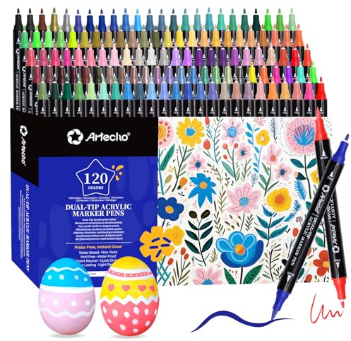 Artecho Lápices acrílicos de 120 colores, 0,5 – 5 mm, resistente al agua, doble punta (pincel y punta fina), con extremos dobles para pintura de roca, papel, madera, huevo, lienzo