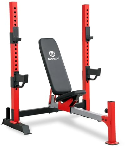 Marcy Deluxe Olympic Weight Bench with Adjustable Back and Bar Catch and Optional Arm Curl, Leg Developer, Lat Tower Attachments (Sold Separately), Personal Home Gym for Strength Training, Weightlifting