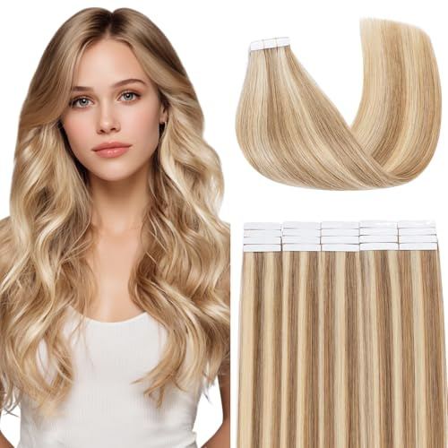 Benehair Extensiones de Cabello con Cinta Adhesiva, Invisibles Extensiones de Cabello, 20Pcs 30g Extensión de Pelo Humano, Extensión Adhesivas Pelo Natural, 45CM Amarillo Lino Mixto Oro Claro