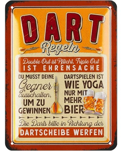 LANOLU Retro Blechschild DART Regeln - Bar und Partykeller Dekoration, Irish Pub Deko, lustiges Geschenk für Männer, vintage Metallschild mit Stanzung und Wölbung, 15x20cm