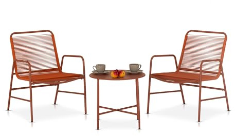 KHG Gartenset Terracotta Pink, 2 Gartenstühle & Gartentisch, für 2 Personen, wetterfester Stahl, Rope-Bespannung aus Rattan, Balkonset Outdoor, 120 kg belastbar