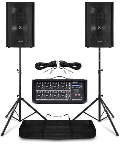 Vonyx VPS082A - Sistema de Sonido PA 800W con Mezclador Amplificado de 8 Canales, Bluetooth, Altavoces pasivos de 8” y trípodes incluidos, Ideal para músicos, DJs y presentaciones en Directo