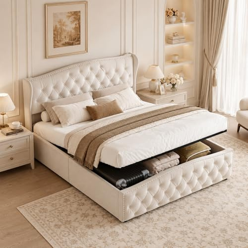 LKPOMI Bett mit Stauraum 160x200 Polsterbett Boxspringbett mit Bettkasten und Lattenrost, Stauraumbett Jugendbett Bettgestell, Samt, ohne Matratze (Beige 2, 160 x 200 cm)
