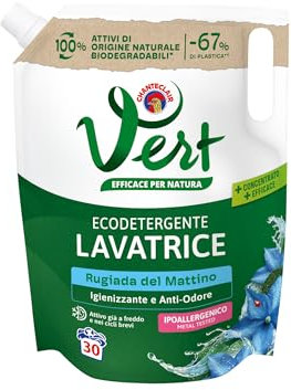 Vert - Ecodetergente Lavatrice - Fragranza Rugiada del Mattino, 100% Origine Naturale, Funzione Igienizzante & Anti Odore, Efficace anche a Freddo e nei Lavaggi Brevi - Flacone da 1200 ml, 30 Lavaggi