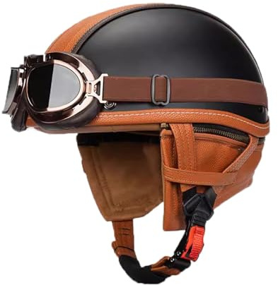 VVPEC Retro Casque Demi Jet Cuir Casque Jet Vintage, Casque Moto Scooter, Casque Bol Homologué ECEDOT Casque De Protection for Hommes Et Femmes, Casque De Cyclomoteur avec Lunettes(14,L=59~60cm)