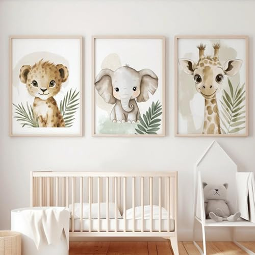 3 Bilder Baby Waldtiere 30X40CM Bilderwand Kinderzimmer Poster Babyzimmer Tiere Giraffe Elefant Löwe Leinwand Tiere Kinder Bilder Baby Zimmer Junge Poster Safari Kinderzimmer ohne Rahmen