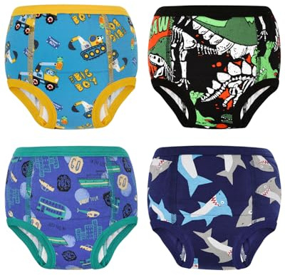 FLYISH DIRECT Barnlärande trosor- set med 4 lärande trosor, renlighet, pojke, 100 % bomull, absorberande, återanvändbara och tvättbara blöjor - dino och bil, 3 år