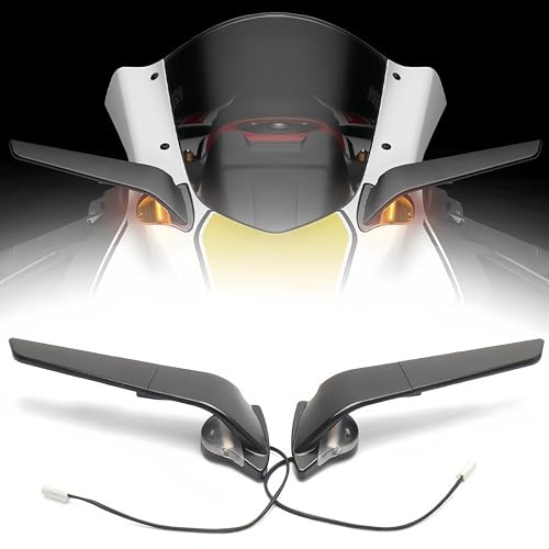 Motorrad-Rückspiegel mit LED-Beleuchtung, Passend für YAMAHA YZF R7, YZF R6, YZF R1, Drehbare Seiten- und Lenkerspiegel Vorne.