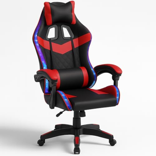 BAKAJI Sedia Sportiva Poltrona Direzionale da Ufficio 4 Ruote Girevole 360° Modello Racer Gaming Design Extra Lusso in Ecopelle Nero e Tessuto (Rosso con Led)