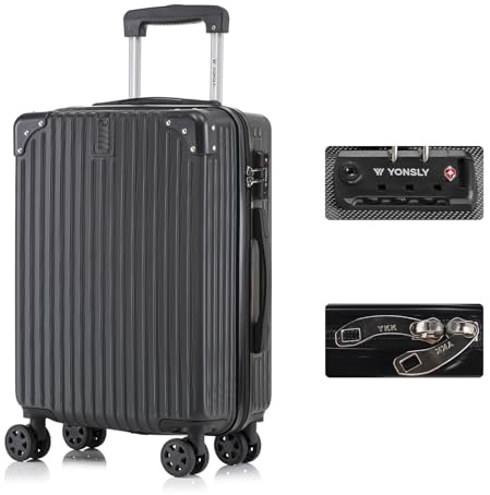 YONSLY Premium Reisekoffer TSA-Schloss,YKK-Reißverschluss Hartschalen-Koffer Trolley Kabinenkoffer Rollkoffer Suitcase Handgepäck 4 Rollen (Schwarz, M)