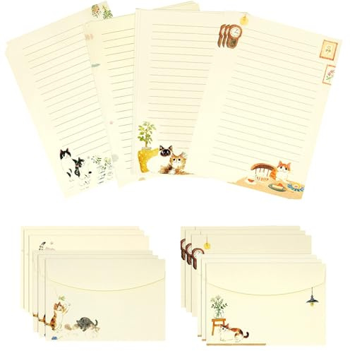 GIONAR 36 Pcs Letter Writing Set, Includes 24 Writing Paper + 12 Envelopes, Hand-Painted Illustration Letter Paper, 4 Cat Themed, A5 Stationery Set for Greeting Cards/Thank You Notes/Invitations