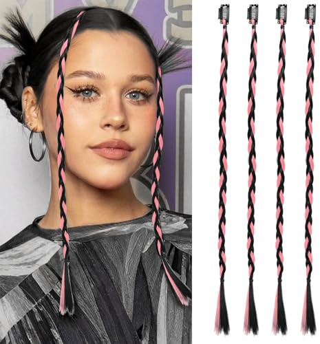 Hårdelar med clips för kvinnor, 17 tum, syntetiska flätade förlängningar, för dagligt bruk och feststyling (4 st - svart + rosa)