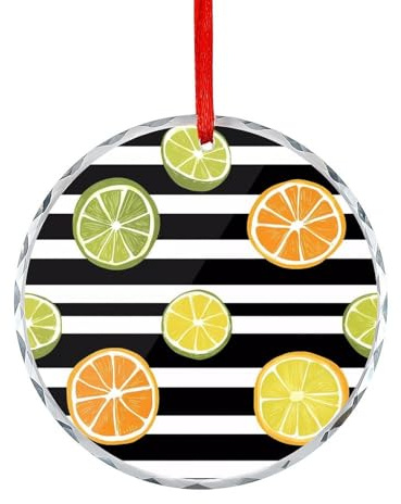 Orange Lemon Slices Black and White Strip Glass Christmas Ornament Xmas Tree Decorations Crystal Hanging Round Pendant for Holiday Party