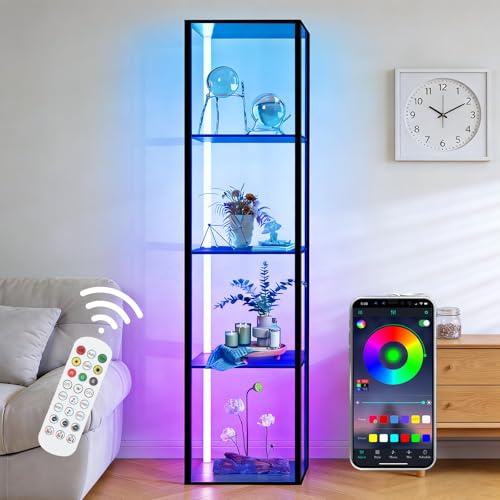IRONDELIC Bücherregal mit LED-Beleuchtung, Dimmbar Stehlampe mit Regal, 160 cm Standregal aus Holz mit APP und Fernbedienung, Sammlervitrine Eckregal Stehend für Wohnzimmer, Büro, Spielzimmer
