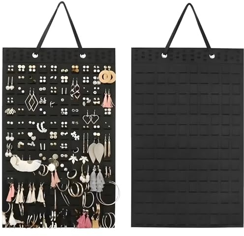 PENGCHE Porte Boucle d'Oreille, Porte Bijoux Mural Pliable, Rangement Bijoux, Organisateur Bijoux Suspendu, Presentoir Boucle d'Oreille en Feutre 57x35cm pour Bagues Colliers Bracelets (Noir)