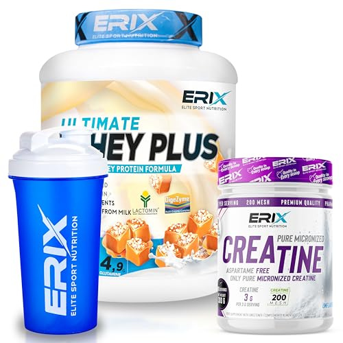 ERIX Nutrición Pack Muscular: Whey Plus Ultimate 2Kg+ Creatina Monohidrato Neutra 300g+ Shaker, Proteína Concentrada de Suero Leche, Aumento de Fuerza, Rendimiento y Recuperación (Caramelo salado)