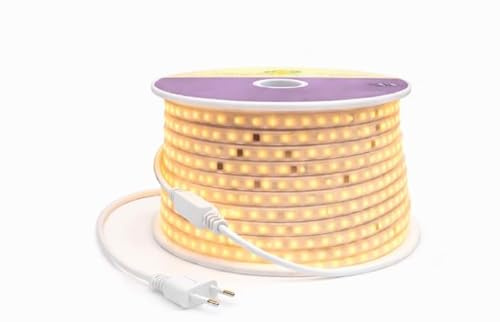 Generico Striscia LED 100 Metri 220V Luce Calda 3000K – Con Spina e 10 Prese Incluse – 8W/M – 8mm – Tagliabile Ogni 100 cm – Illuminazione Casa e Ambienti Commerciali