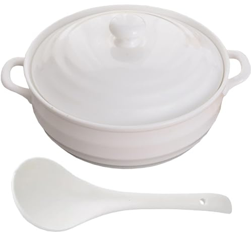 lerkruka, Små kopparkastruller soppterrin vit porslin serveringsset med lock och slev runda(White)