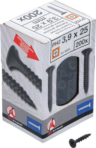 BGS Diy 88065 | Schnellbauschrauben | PH2 | Grobgewinde | 3,9 x 25 mm | 200 Stück | Senkkopf | Vollgewinde | phosphatiert, schwarz | für Holz, Gipskarton und Spanplatte