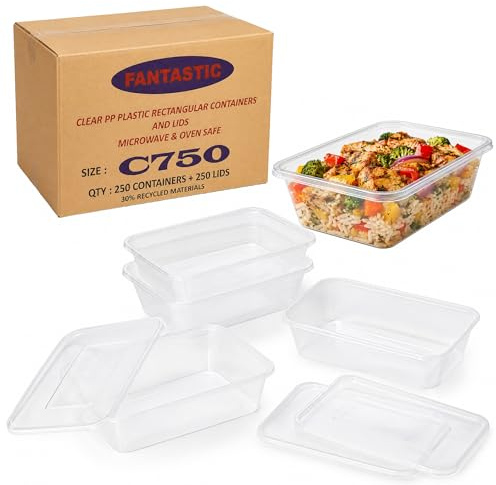 Plastic Takeaway Containers with Lids 750ml 50 Pack Microwave Freezer Safe | Clear meal prep and food storage tubs, reusable, stackable, leak resistant, cafes, restaurants, home kitchens
