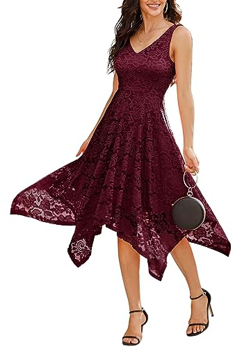 Meetjen Abito da Sera Elegante per Matrimonio Elegante Cocktail da Donna A Linea Senza Maniche Abito in Pizzo per Cerimonia di Conferma, Bordeaux, L