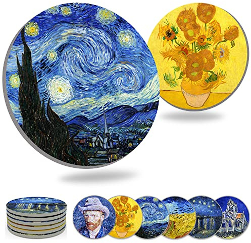 Untersetzer für Getränke, Keramik, Van Gogh Art, Untersetzer-Set – verwenden Sie 6 berühmte Van Gogh Gemälde, einzigartige Einweihungsgeschenke für neues Zuhause von WOWDING