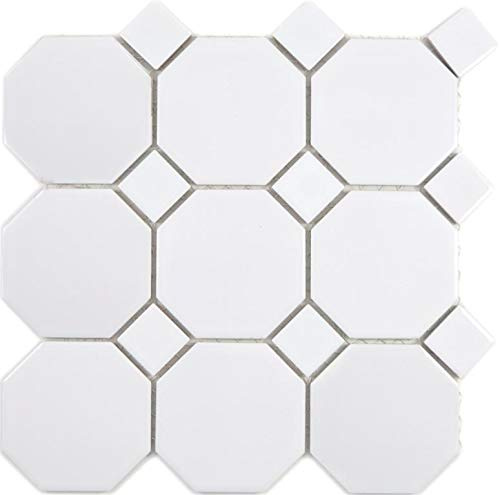 Keramik Mosaik octa Achteck weiß matt mit weiß glänzend Wand Boden Küche Dusche Bad Fliesenspiegel Mosaikfliese, Mattengröße: 300x300 = 0,09 qm, Steingröße: 97x97/34x34x6,5 mm - 1 Matte