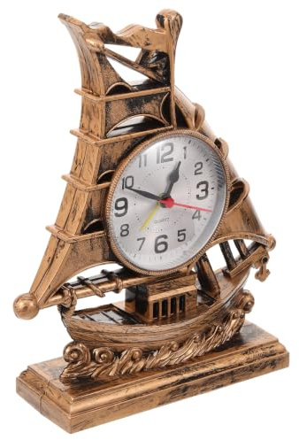 Garneck Sailboat Sculpture Alarm Clock Retro Table Clock Novelty Desk Metal Base Home Decor for Living Room Bedroom Mantel