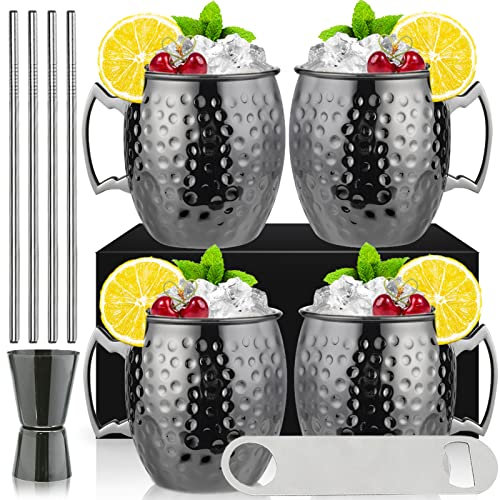 SuproBarware Moscow Mule Mugs Set of 4 Black Moscow Mule Mug 18oz Gunmetal Black Plated Stainless Steel Mug Double Jigger Chilled Cold Drink Cocktail Cups Drinkware with Gift Box